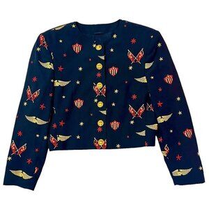 MONDI Cropped Blazer Sz 34 Germany Small Navy Blue Wings Pilot Crest 80s 90s VTG